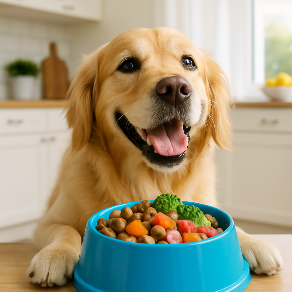 A happy dog eating food