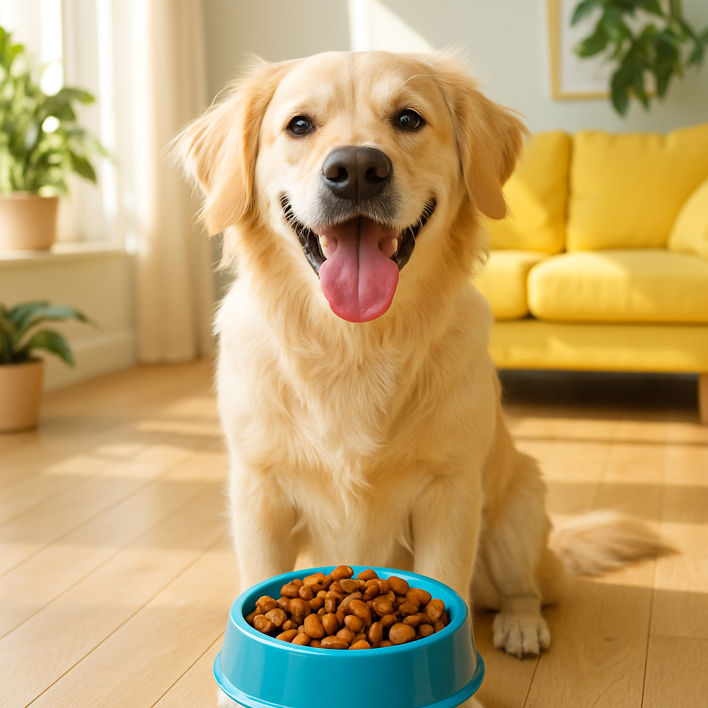 A happy dog with a bowl of food